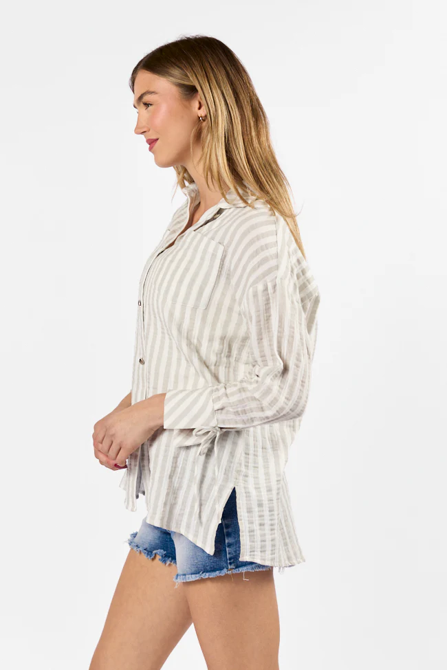 Cruel Summer Tan and Ivory Striped Gauze Button Down Top DOORBUSTER - Terpint