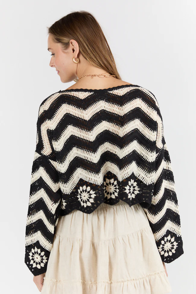Saltwater Nights Black and Ivory Crochet Sweater DOORBUSTER - Terpint