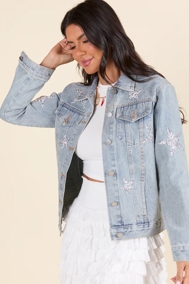 Brightest Night Light Wash Embellished Star Denim Jacket DOORBUSTER - Terpint