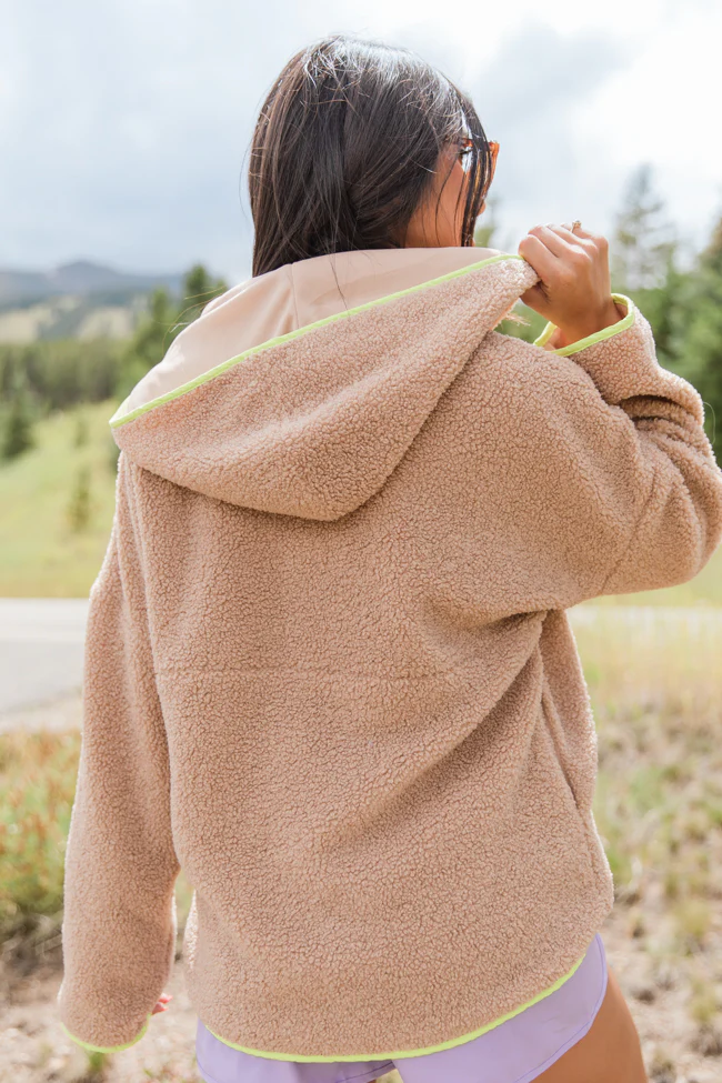 My Go To Taupe and Lime Sherpa Quarter Zip Hooded Pullover FINAL SALE - Terpint