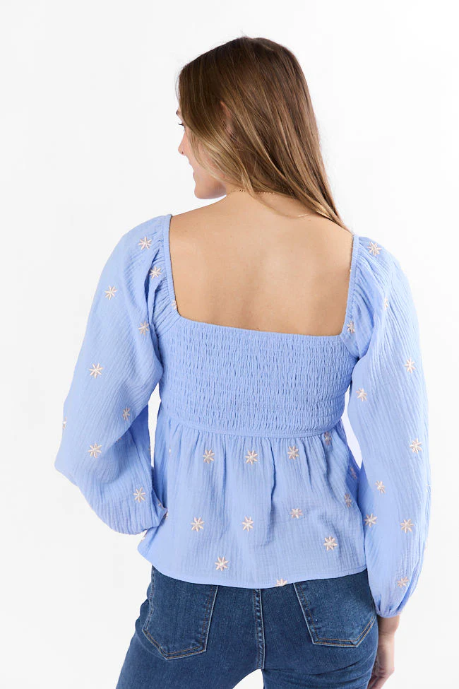 Darling Days Blue Floral Embroidered Gauze Top - Terpint