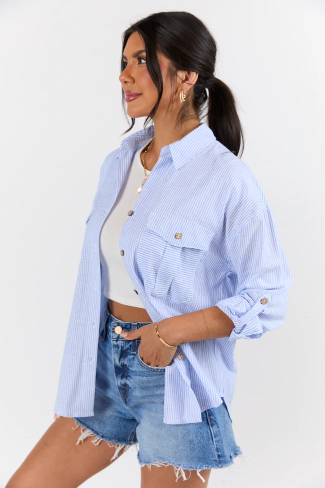 Coastline Walk Blue Striped Linen Blend Button Down Top FINAL SALE - Terpint