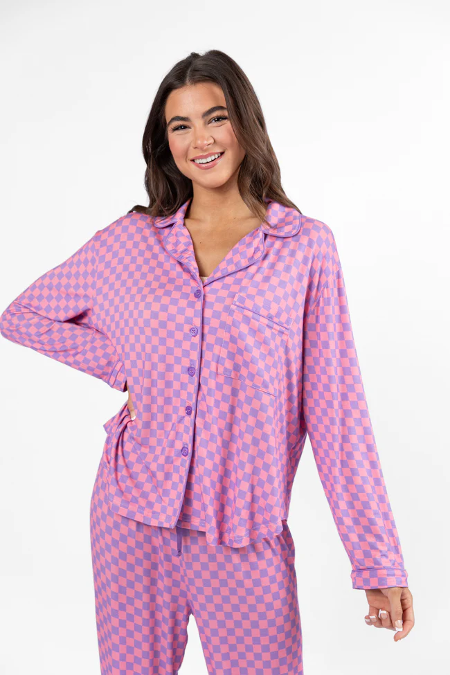 Good To Get Away Light Pink and Lilac Checkered Long Sleeve Pajama Top FINAL SALE - Terpint
