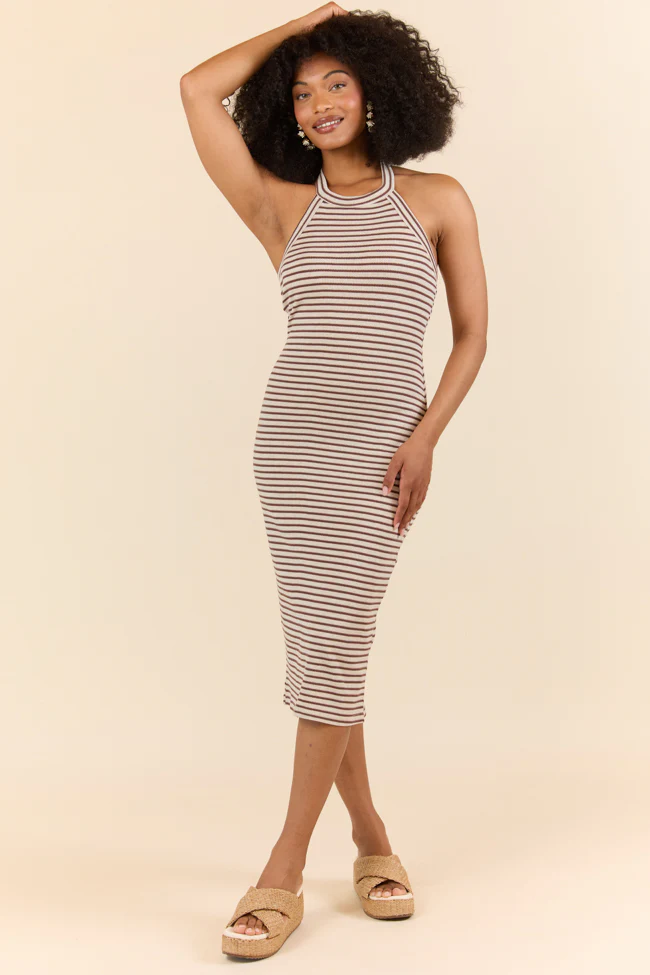 Walk By The Water Brown Striped Knit Razor Back Dress SALE - Terpint