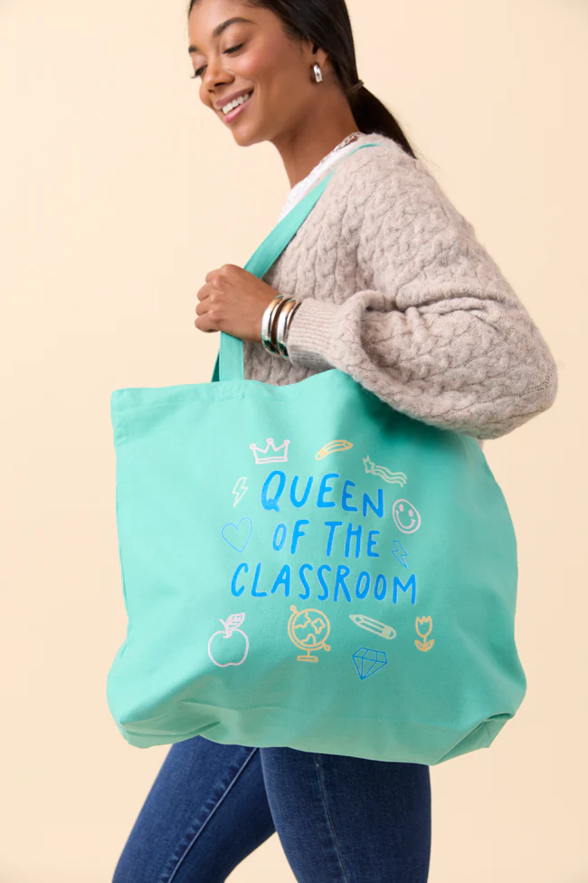 Queen Of The Classroom Sea Glass Green Graphic Tote Bag - Terpint