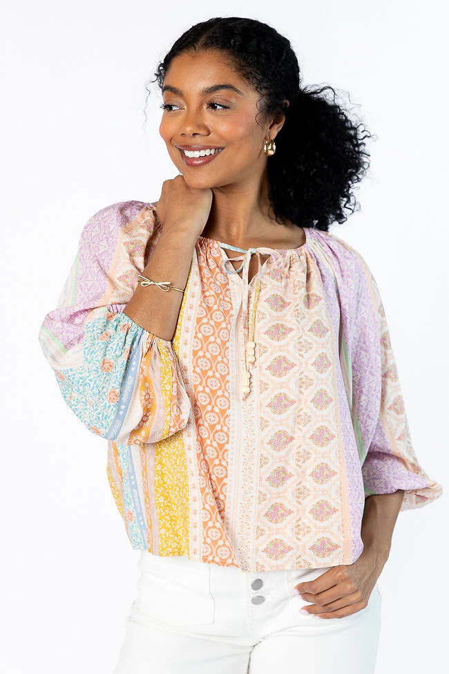Come Along Multi Floral Patch Print Woven Pop Over Blouse FINAL SALE - Terpint