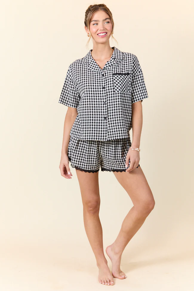 Peaceful Mornings Black Gingham Short Sleeve Pajama Set DOORBUSTER - Terpint