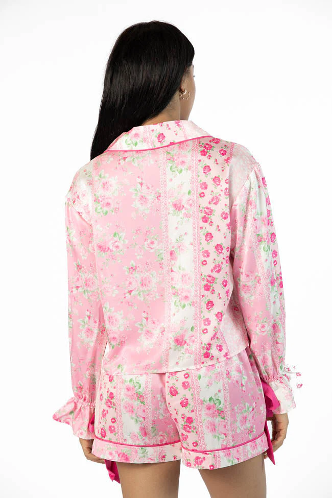 Don't Wake Me Up Pink Multi Floral Long Sleeve Satin Pajama Top SALE - Terpint