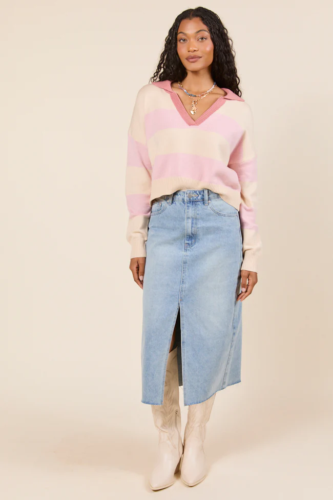 Hibiscus Pink and Cream Striped Collared V-Neck Sweater - Terpint