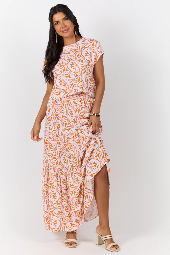 Dinner Downtown Orange Multi Floral Print Two Piece Skirt Set - Terpint