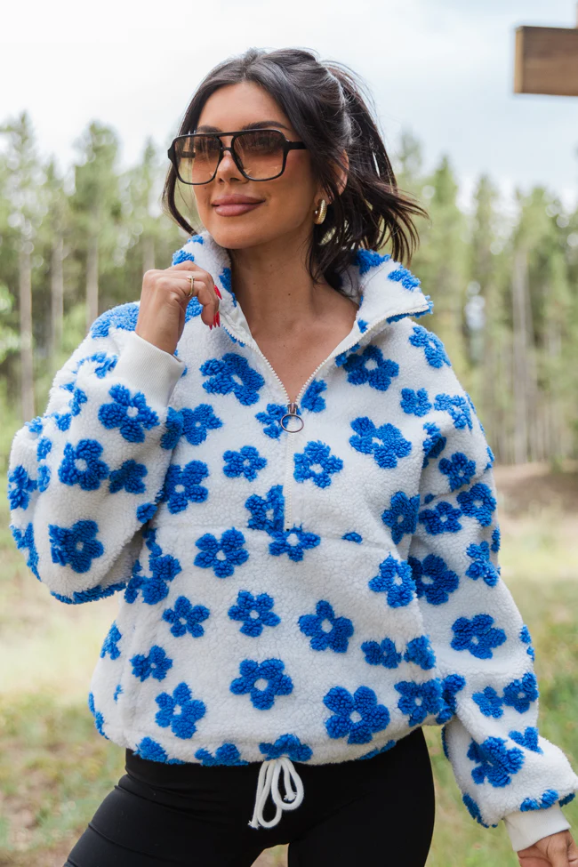 Playing For Keeps Blue and Ivory Floral Print Sherpa Pullover FINAL SALE - Terpint