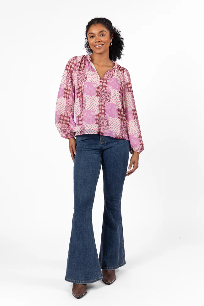 Fade Into You Purple Multi Button Detail Printed Blouse FINAL SALE - Terpint