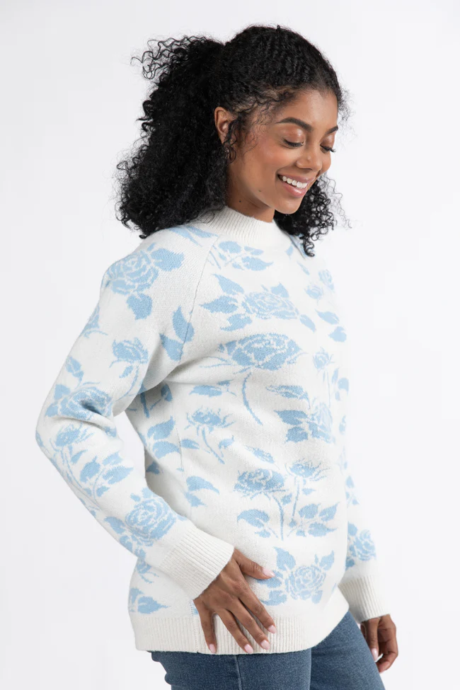 Feeling Like Love Ivory and Blue Floral Crew Neck Sweater FINAL SALE - Terpint