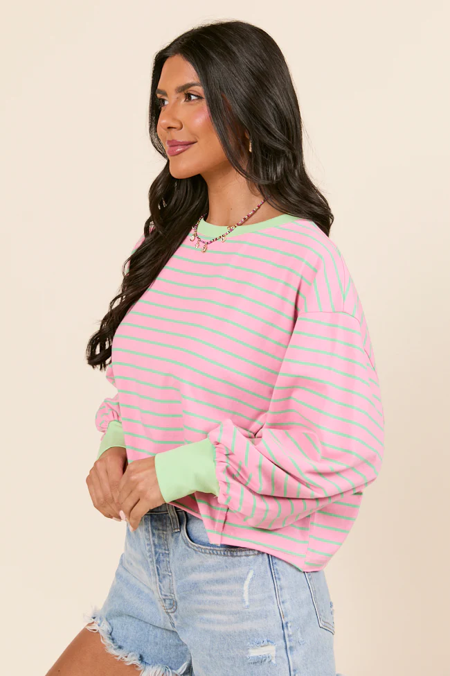 Susanna Long Sleeve Pink and Green Stripe Knit Tee - Terpint