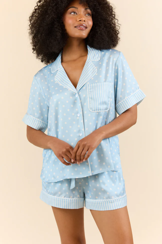 No Alarm Blue Polka Dot Satin Pajama Top - Terpint