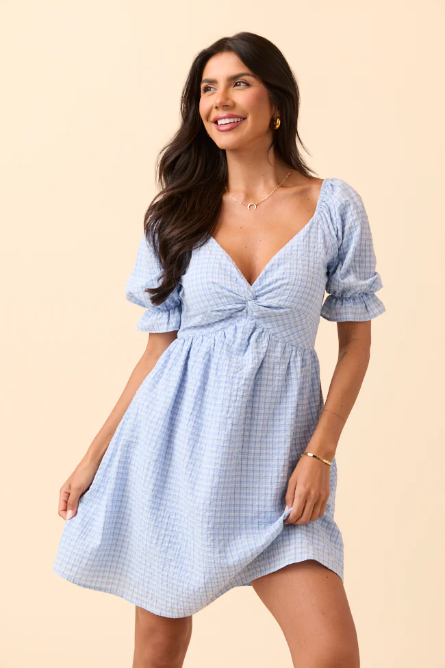 Tarah Blue Gingham Knot Front Mini Dress - Terpint