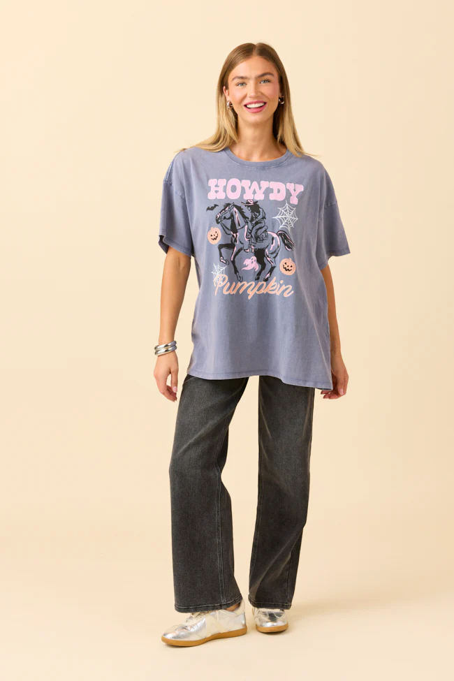 Howdy Pumpkin Dusty Navy Oversized Graphic Tee - Terpint