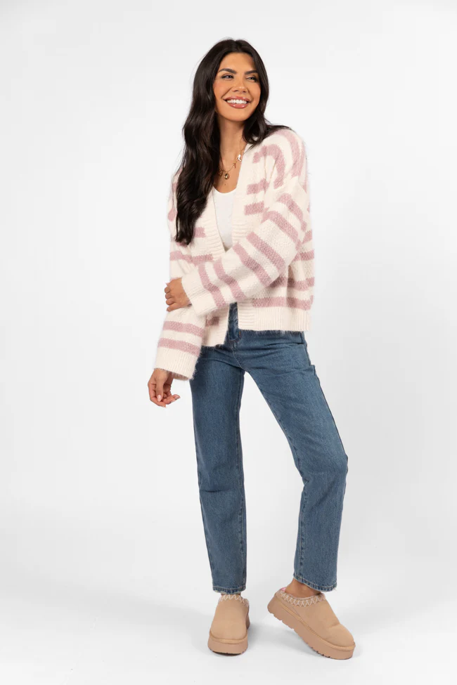Made My Change Mauve and Cream Fuzzy Striped Cardigan SALE - Terpint