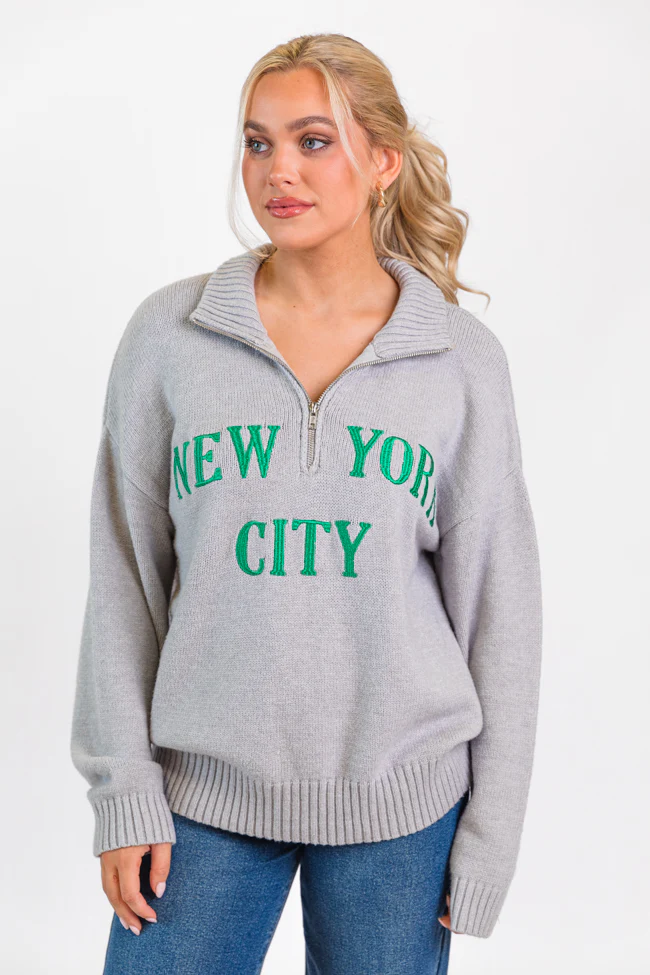 Roll With It Grey and Green New York Embroidered Quarter Zip Sweater FINAL SALE - Terpint