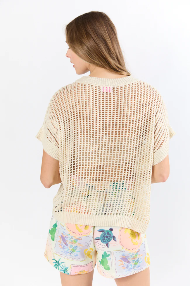 Wave Of Relief Beige Short Sleeve Open Knit Cover Up Sweater FINAL SALE - Terpint