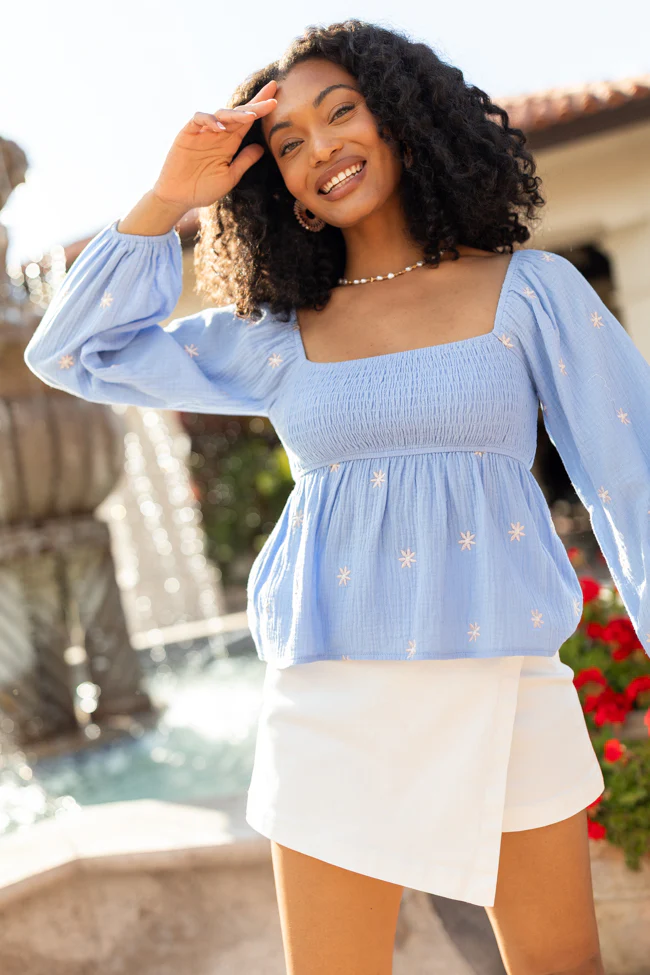 Darling Days Blue Floral Embroidered Gauze Top - Terpint