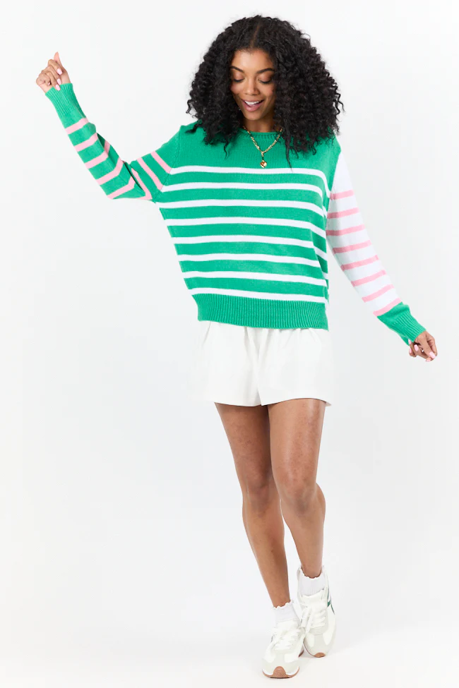 Coastal Prep Green and Pink Color Block Crew Neck Sweater - Terpint