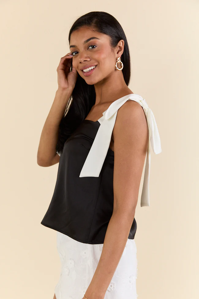 Classic Night Out Black and Ivory Satin Bow Sleeve Tank Top FINAL SALE - Terpint