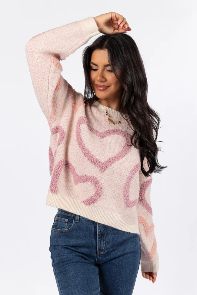 Love Again Mauve Multi Fuzzy Heart Sweater FINAL SALE - Terpint