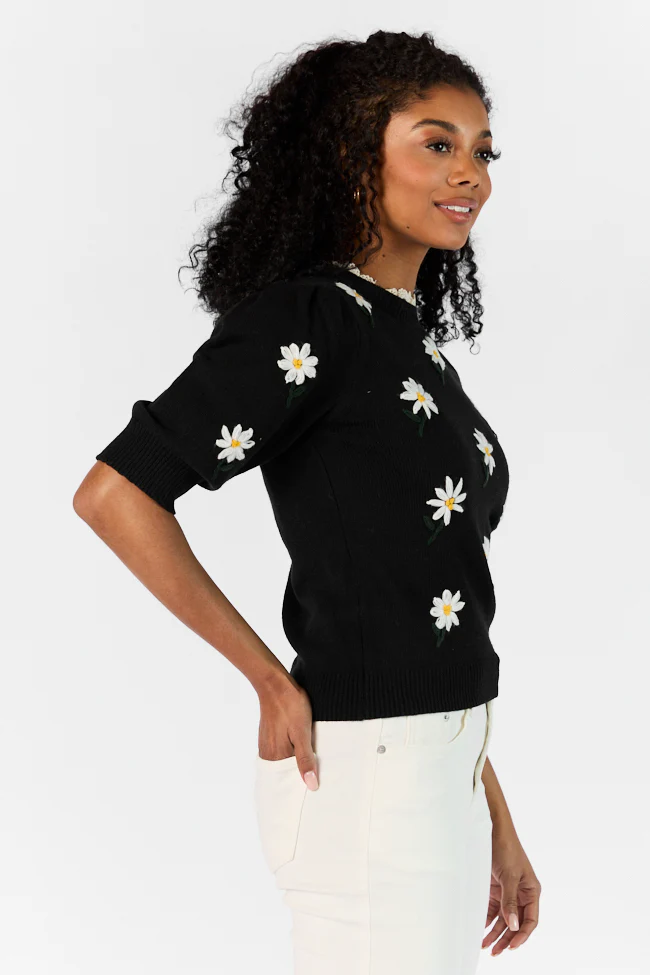 Around The Garden Black Floral Embroidered Lace Trim Short Sleeve Sweater FINAL SALE - Terpint