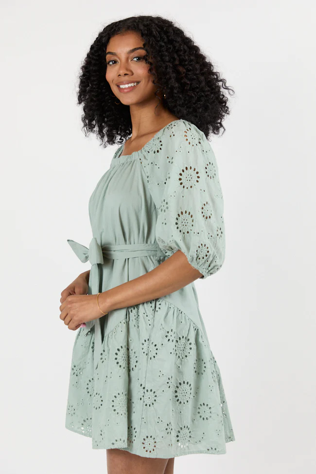 Set The Sage Eyelet Off The Shoulder Dress SALE - Terpint