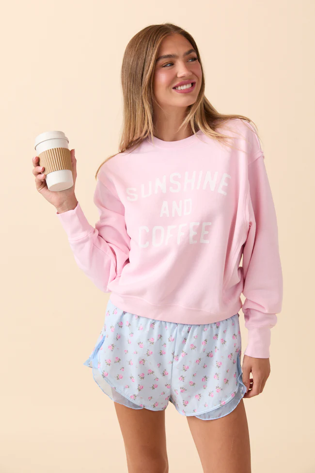 Sunshine and Coffee Soft Pink Raw Hem Fleece Graphic Sweatshirt - Terpint