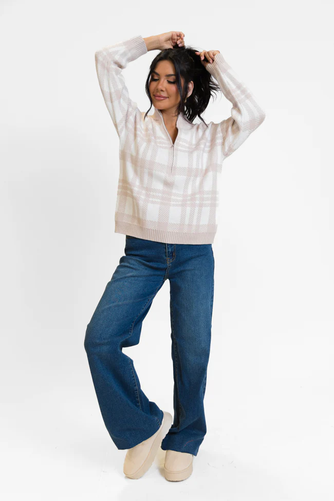 Make It Count Beige Plaid Printed Quarter Zip Pullover FINAL SALE - Terpint