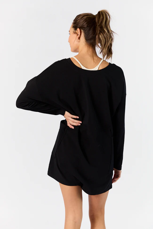 On A Daily Basis Black Deep V-Neck Pocketed Long Sleeve Romper FINAL SALE - Terpint