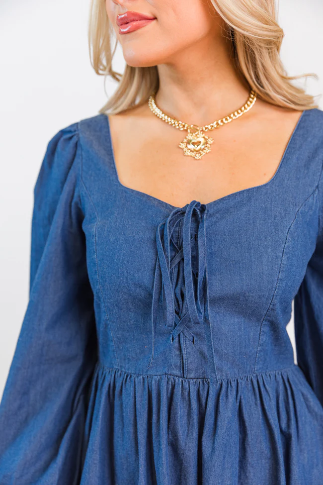 Up To Me Medium Wash Lace Up Detail Chambray Dress FINAL SALE - Terpint