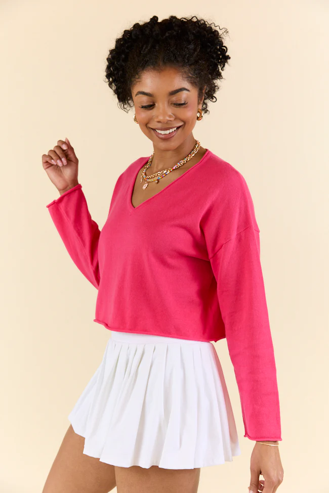 No Bad Days Hot Pink Drop Shoulder V-Neck Pullover SALE - Terpint