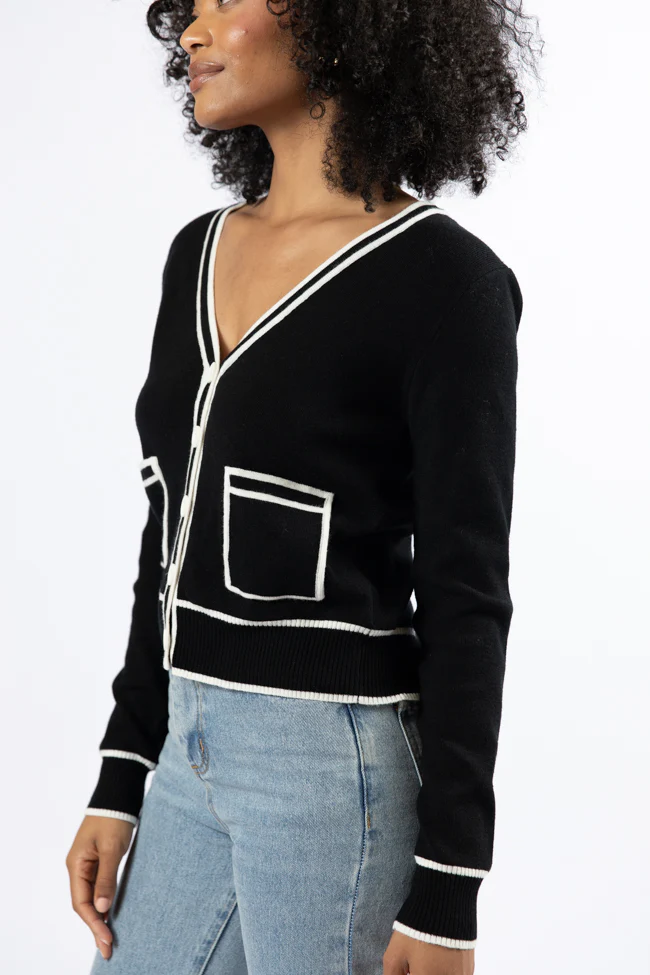 Gives Me Time Black and Ivory Contrast Trim Cardigan FINAL SALE - Terpint