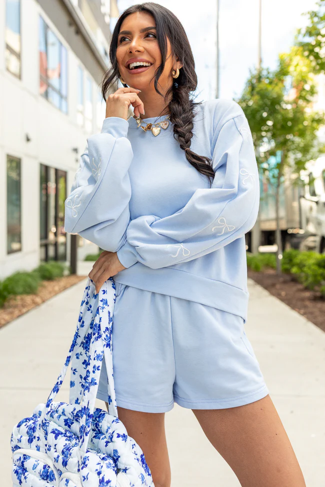 Just Imagine It Light Blue Bow Knit Shorts - Terpint