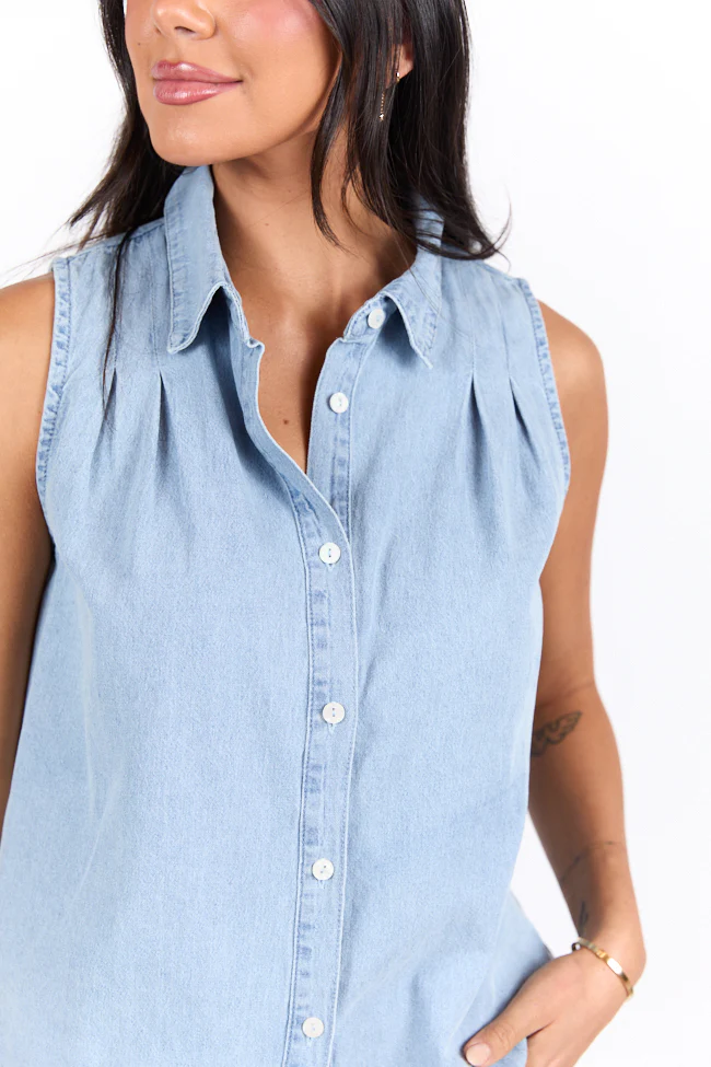 Smooth Sailing Light Wash Sleeveless Collared Chambray Tank SALE - Terpint