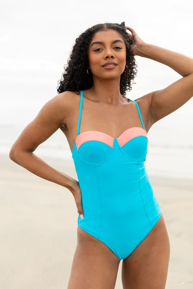 Sandbar Soiree Blue and Coral Contrast Trim One Piece Swimsuit FINAL SALE - Terpint