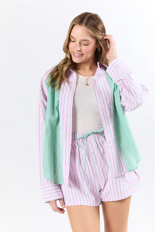 Palm Grove Light Pink and Green Multi Stripe Button Down Shirt DOORBUSTER - Terpint