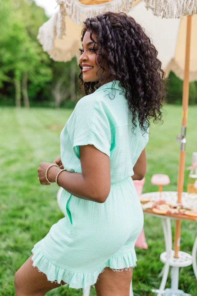 Stop And Stare Mint Flutter Hem Collared Romper FINAL SALE - Terpint