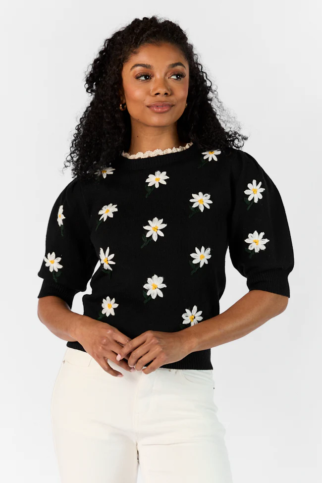 Around The Garden Black Floral Embroidered Lace Trim Short Sleeve Sweater FINAL SALE - Terpint