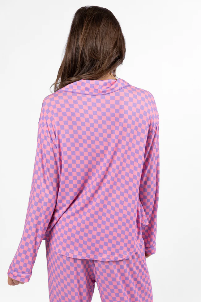 Good To Get Away Light Pink and Lilac Checkered Long Sleeve Pajama Top FINAL SALE - Terpint