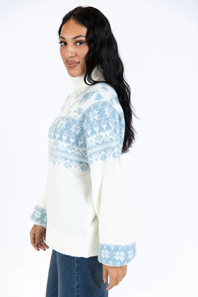 For The Best Ivory and Blue Ski Print Fair Isle Turtleneck Sweater FINAL SALE - Terpint