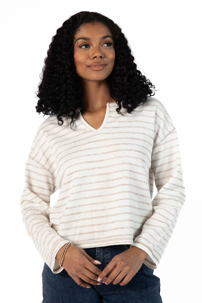 Many Beginnings Cream and Beige Striped Notched Neck Tee FINAL SALE - Terpint