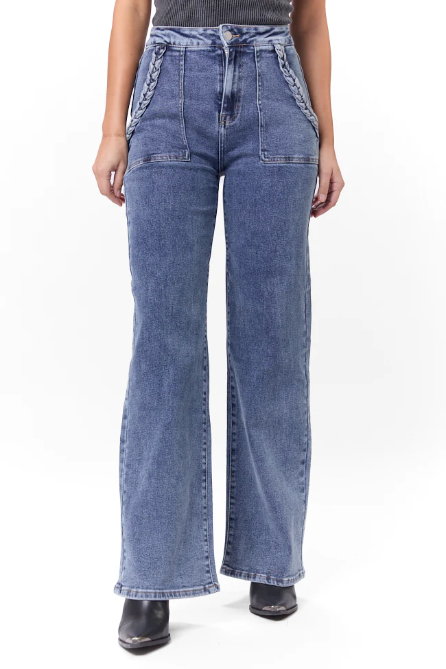 Carolyn Medium Wash Braided Pocket Wide Leg Jeans FINAL SALE - Terpint