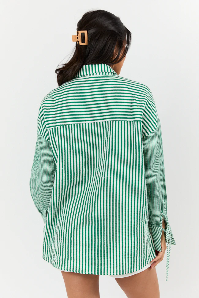 Daybreak Dreams Green Gauze Multi Stripe Button Down Top - Terpint