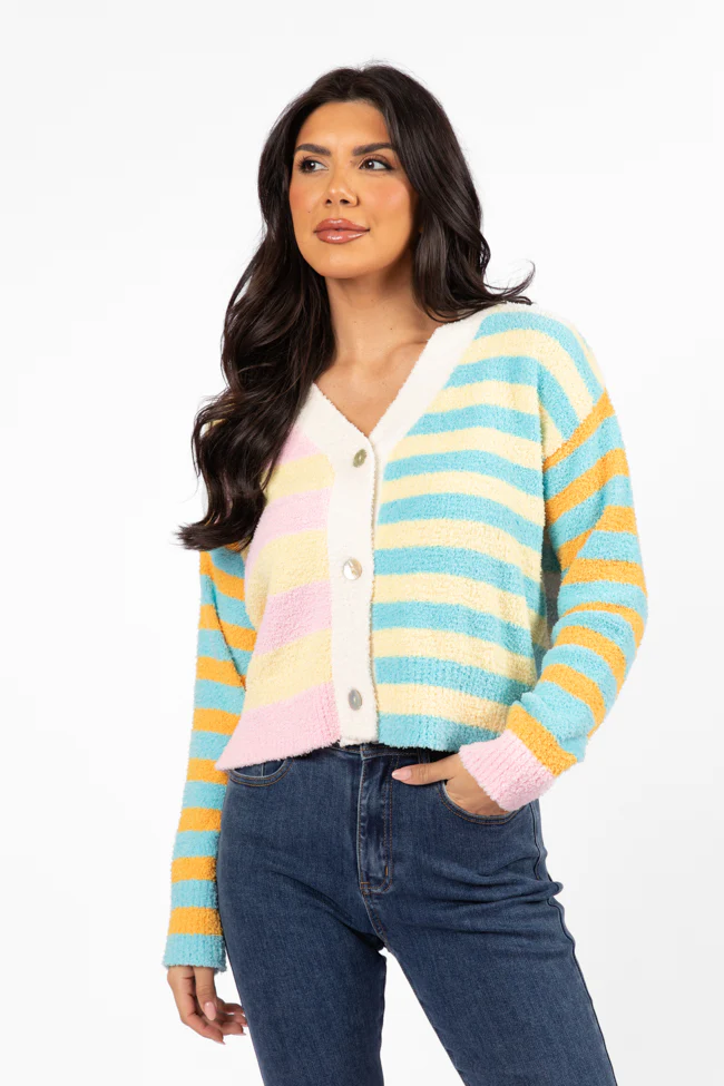 Check It Out Yellow, Blue, and Pink Fuzzy Cardigan DOORBUSTER - Terpint