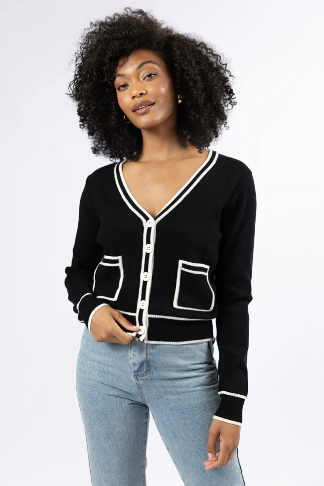 Gives Me Time Black and Ivory Contrast Trim Cardigan FINAL SALE - Terpint