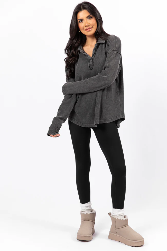 Leaf Your Worries Black Acid Washed Waffle Collared Top - Terpint
